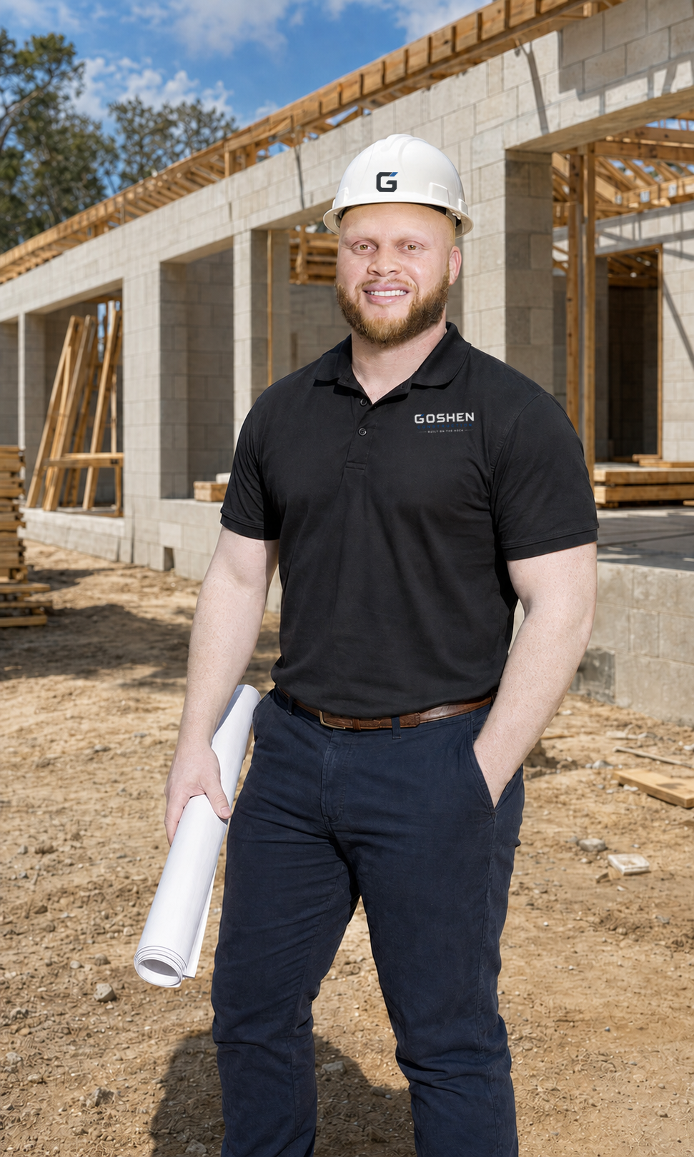 Traveus D. Williams Sr. wearing Goshen Construction field apparel at an active construction site